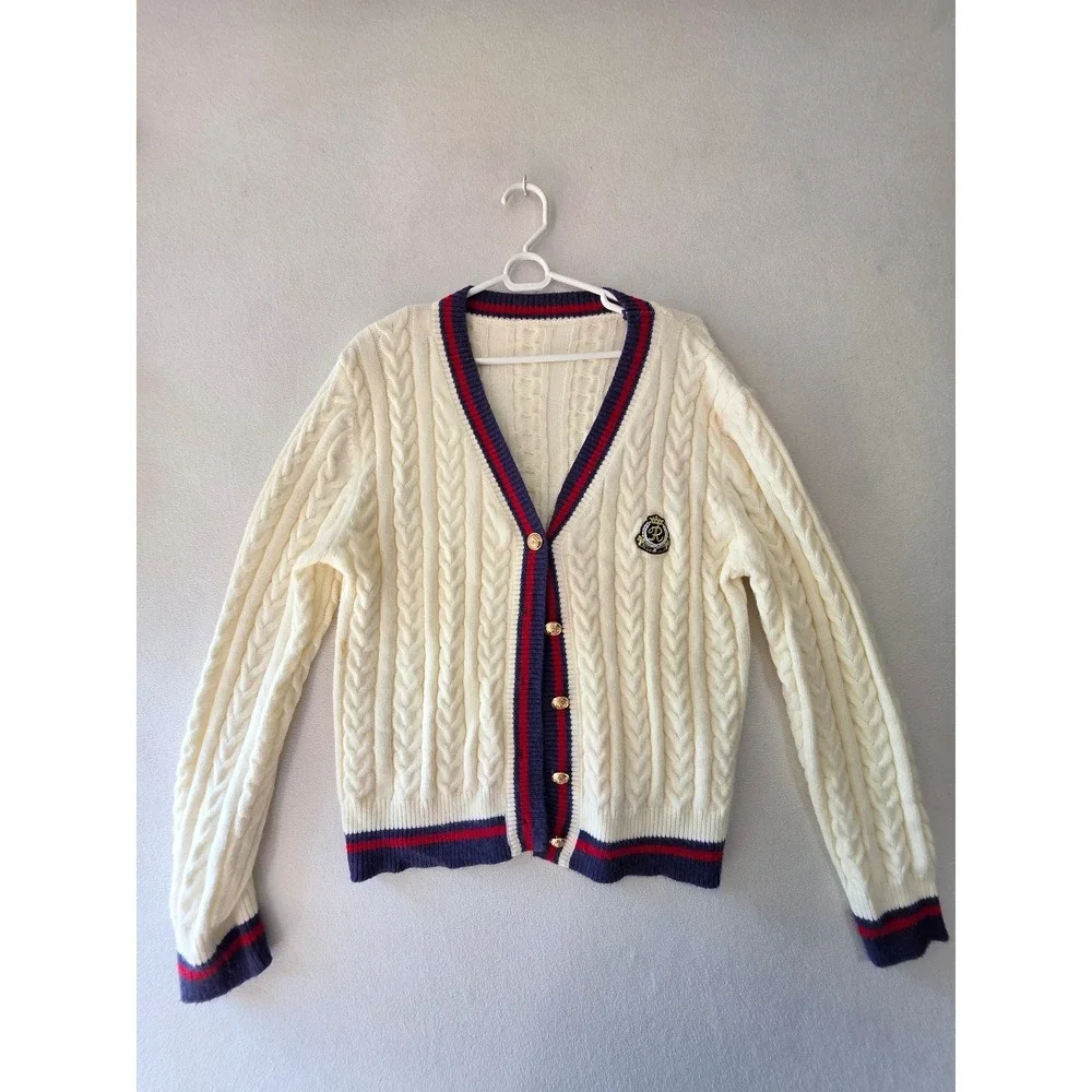 Womens Cable Knit Cardigan Sweater Cream Navy Red Gold Buttons Preppy Size L